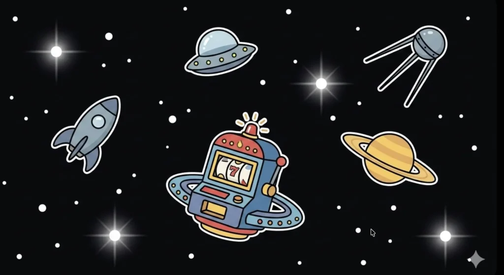 Space slot machine UFO with 7 symbol surrounded by rocket and Saturn, illustrating Michigan casino sites at FreeSlots99