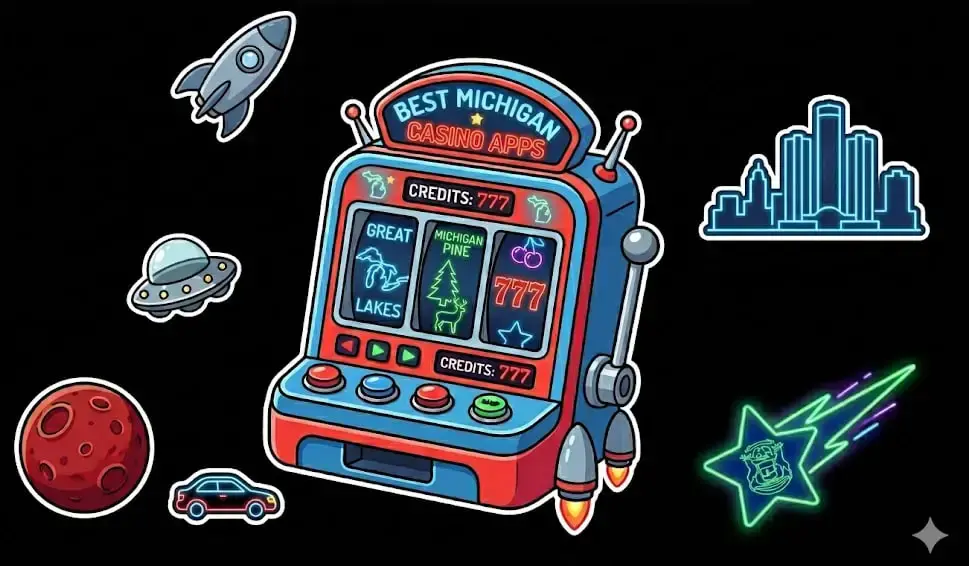 <alt="Colorful slot machine labeled Best Michigan Gaming Apps surrounded by space-themed icons, representing Michigan casino app promotions for www.freeslots99.com