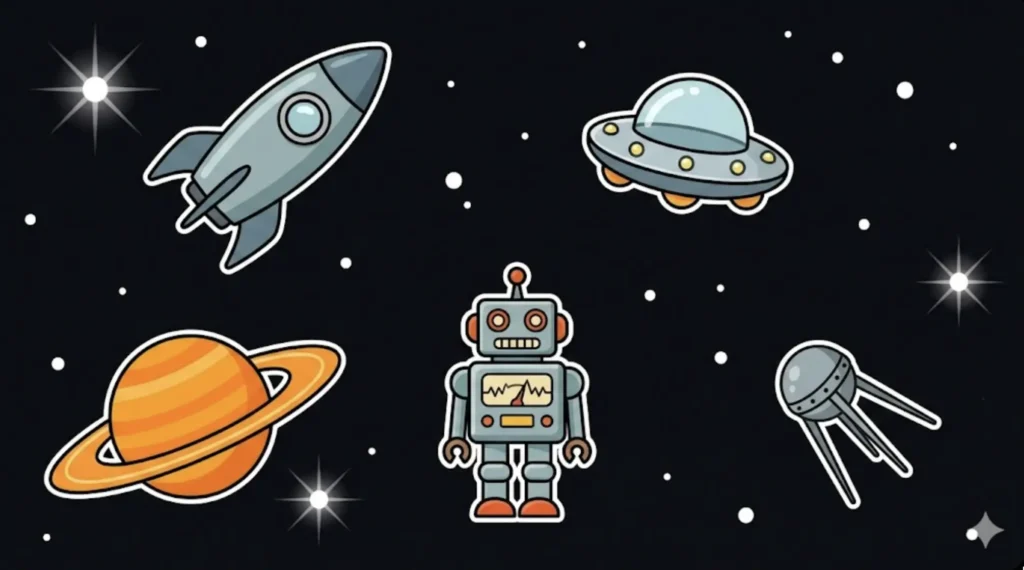 Space-themed cartoon with rocket, UFO, robot and Saturn, illustrating minimum deposit casinos guide at FreeSlots99