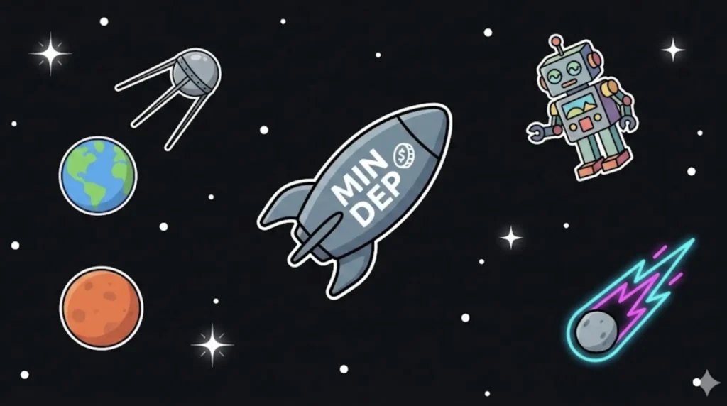 Rocket labeled 'Min Dep' flying in space with robot and planets, representing minimum deposit casino options at FreeSlots99