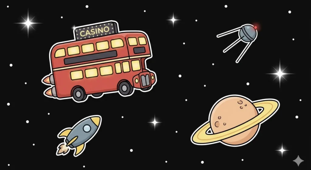 Red double-decker casino bus flying in space with rocket and Saturn, representing mobile casino gaming options at FreeSlots99