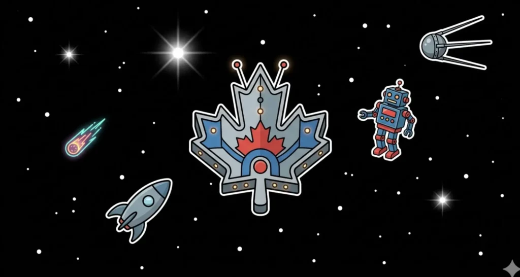 Canadian maple leaf space emblem with robot and rocket floating in space, illustrating mobile casinos guide at FreeSlots99