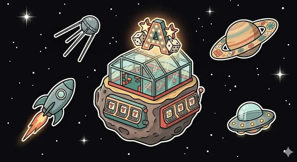 Floating asteroid casino with glass roof, glowing letter A, dice and stars, surrounded by rocket, UFO, Saturn, and satellite, symbolizing online casino theme for www.freeslots99.com