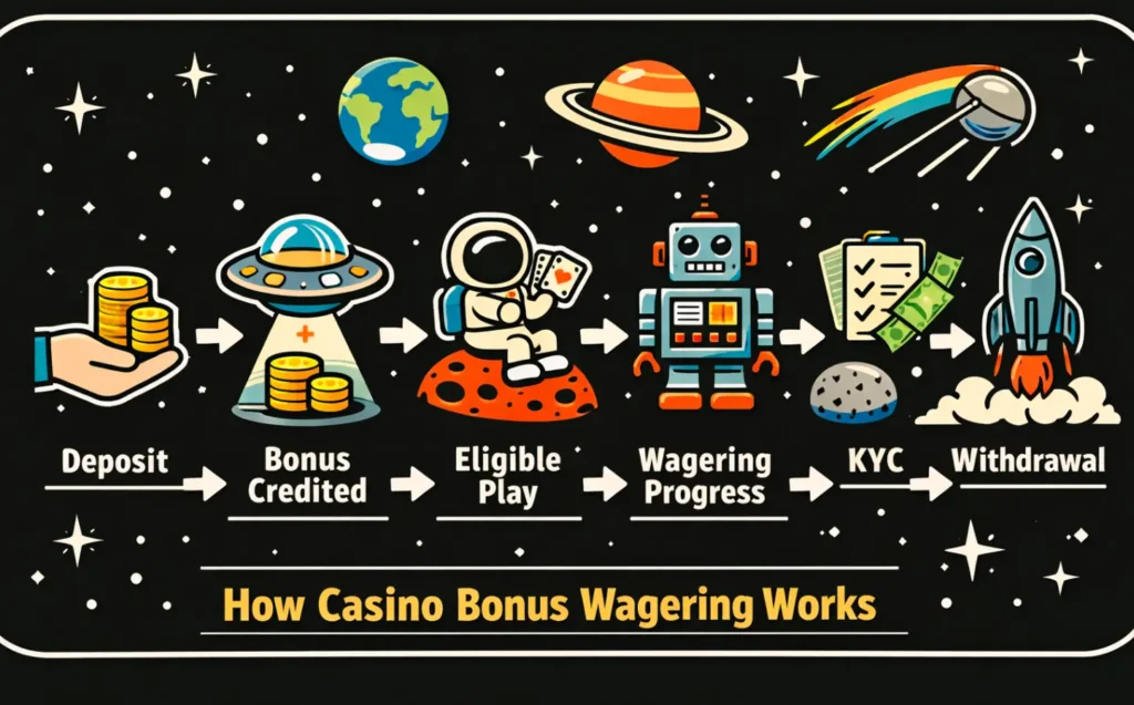 Step-by-step diagram showing how casino welcome bonus wagering works before withdrawal