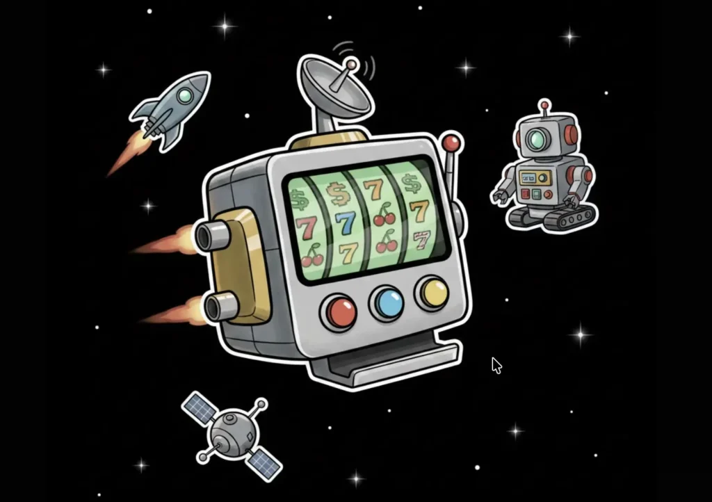 Futuristic slot machine with rocket boosters for Nevada online gambling content on Freeslots99