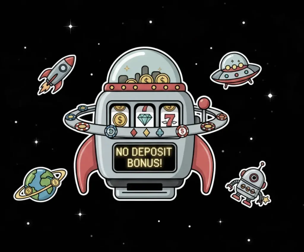 Slot machine rocket with no deposit bonus display in space theme for FreeSlots99 guide