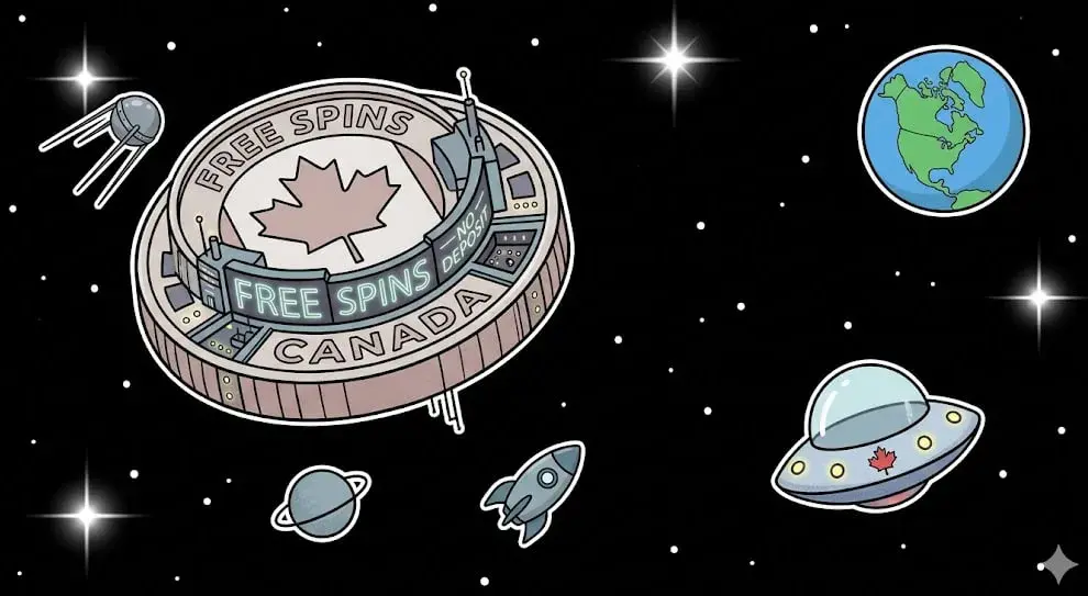 Canadian free spins coin floating in space with UFOs and rockets — casino bonus illustration for freeslots99.com