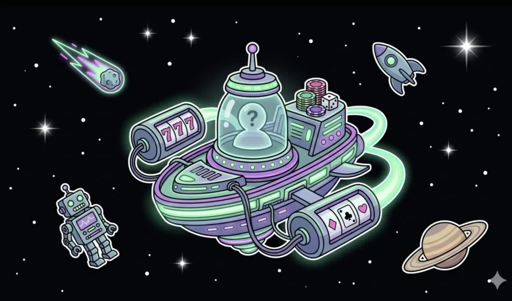 Space slot machine rocket dispensing coins with robot and UFO in space, illustrating no KYC casino options at FreeSlots99