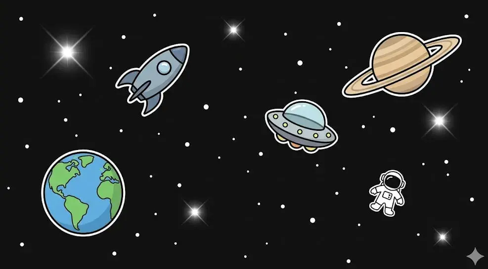 Rocket, UFO, astronaut, Earth, and Saturn in cartoon space scene, symbolizing online casino theme for www.freeslots99.com