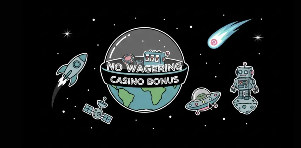 Space-themed illustration with No Wagering Casino Bonus text on Earth for FreeSlots99