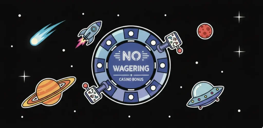 Casino chip with No Wagering Casino Bonus text in space theme