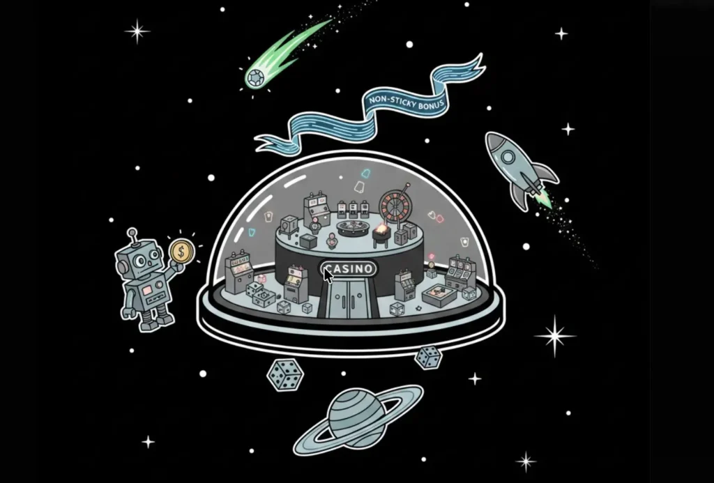 Space-themed casino dome with Non-Sticky Bonus banner for FreeSlots99