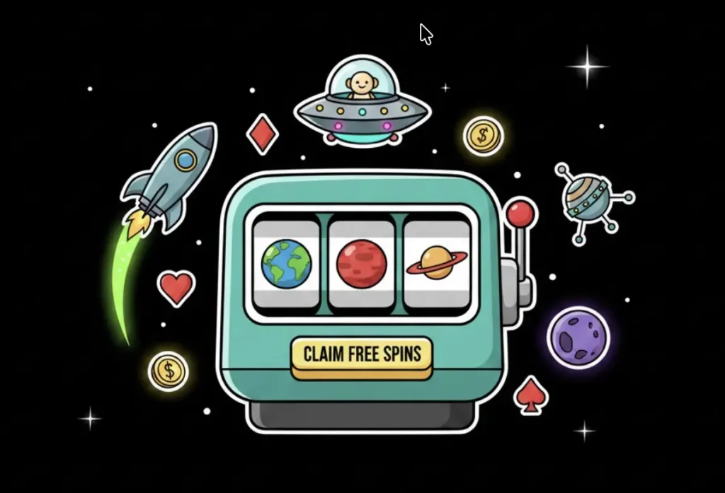 Space-themed slot machine with Claim Free Spins button