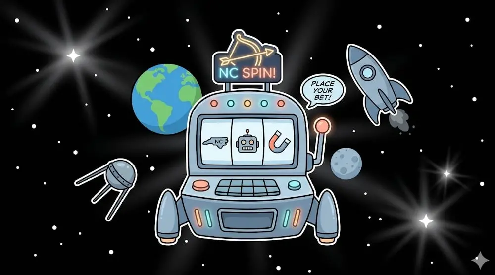 Cartoon slot machine labeled NC Spin! floating in space with rocket, Earth, moon, and satellite, symbolizing North Carolina online casino theme for www.freeslots99.com
