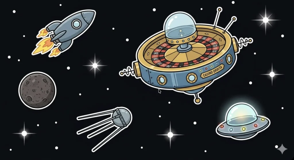 Space roulette wheel labeled 'Casino Orbita' with rocket and UFO, illustrating offshore casino options at FreeSlots99