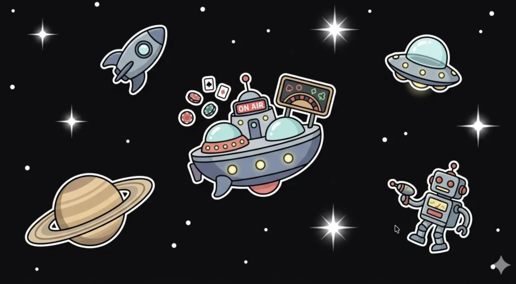 Space UFO casino ship with 'On Air' sign and poker chips floating alongside robot, representing offshore casinos guide