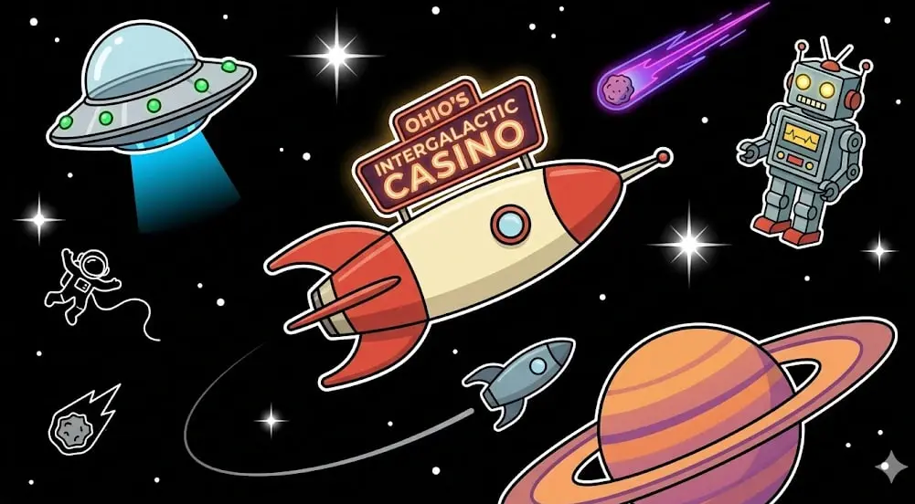 <alt="Cartoon rocket labeled Ohio's Intergalactic Casino flying through space with planets, UFO, robot, and astronaut, representing Ohio online casino theme for www.freeslots99.com