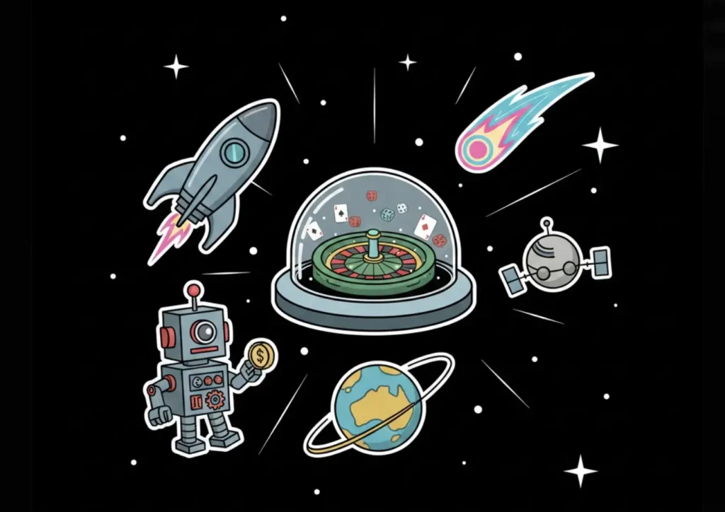 Space-themed roulette under a glass dome with a robot, rocket, and planet Earth