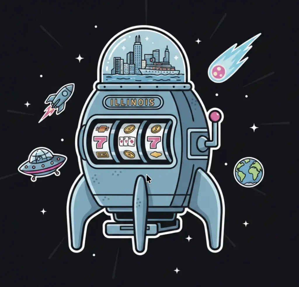 Illinois slot machine rocket with Chicago skyline in space-themed casino illustration