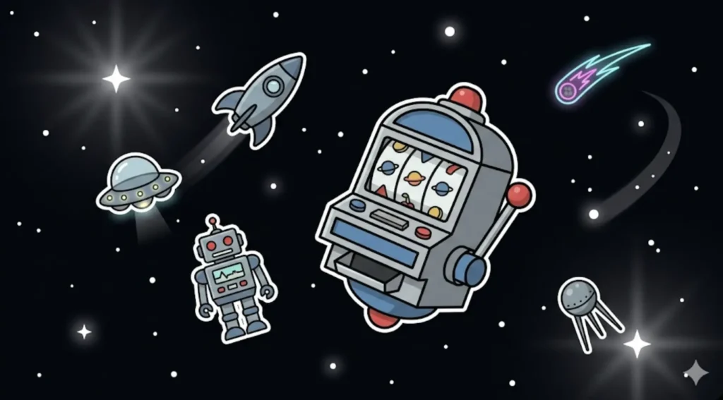 Space-themed slot machine with robots and rockets, illustrating online casino games for US players at FreeSlots99