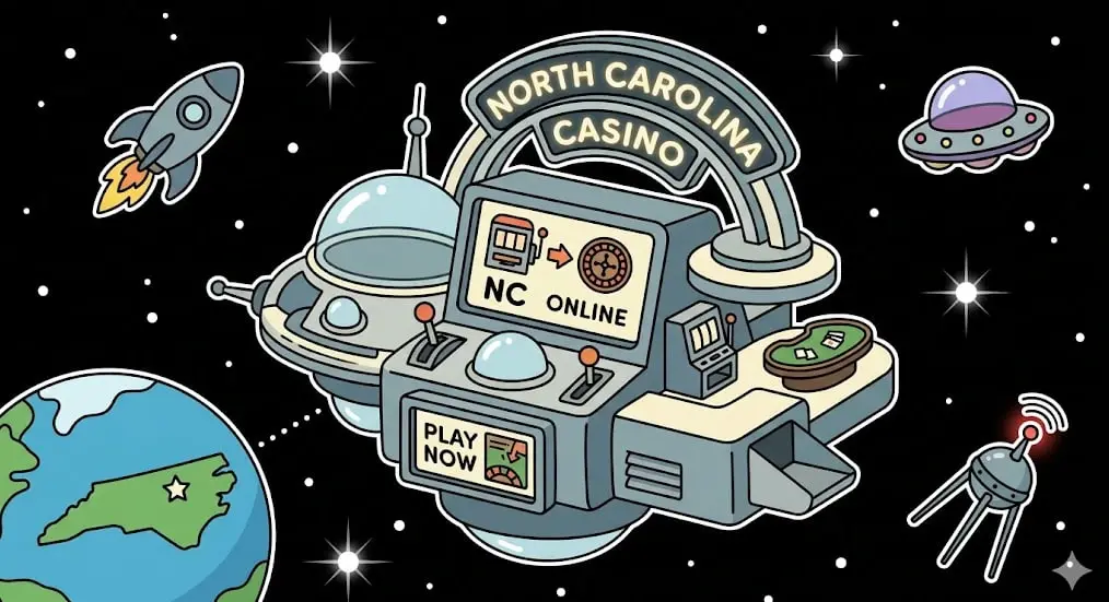 Futuristic spaceship-shaped casino labeled North Carolina Casino with screens showing NC Online and Play Now, surrounded by Earth, rocket, and stars, symbolizing North Carolina online gaming theme for www.freeslots99.com