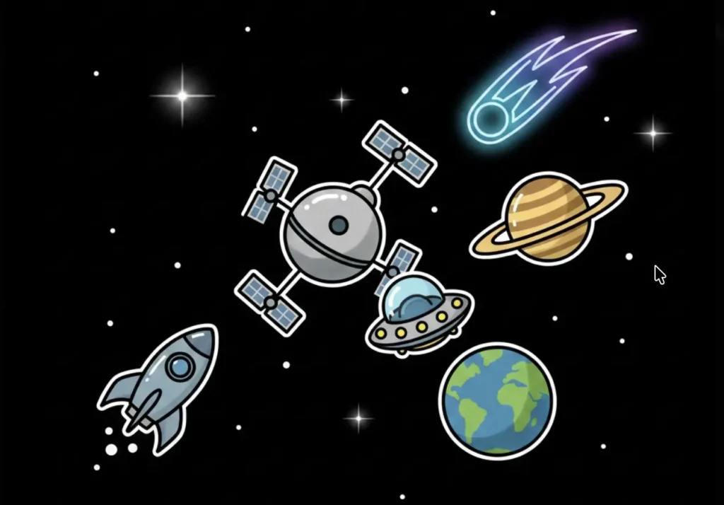 Space-themed cartoon with rocket and planets, illustrating online casinos in the UK
