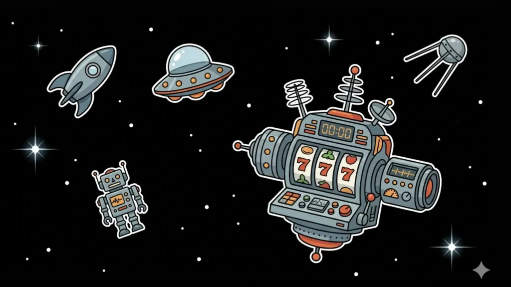 Space slot machine showing 777 with UFO and robot floating in space, representing Ontario online casino games at FreeSlots99