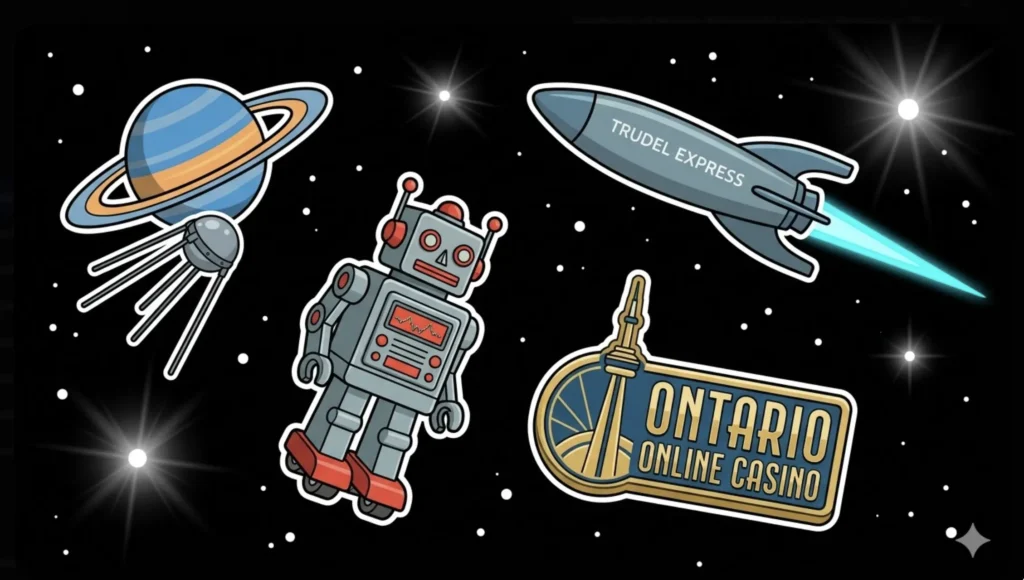 Robot with 'Ontario Online Casino' badge and 'Trudel Express' rocket in space, illustrating Ontario online casinos guide at FreeSlots99
