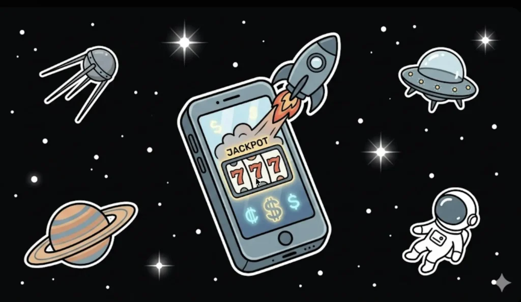 Mobile phone showing jackpot 777 slots with rocket launch in space, illustrating pay by phone casino gaming at FreeSlots99