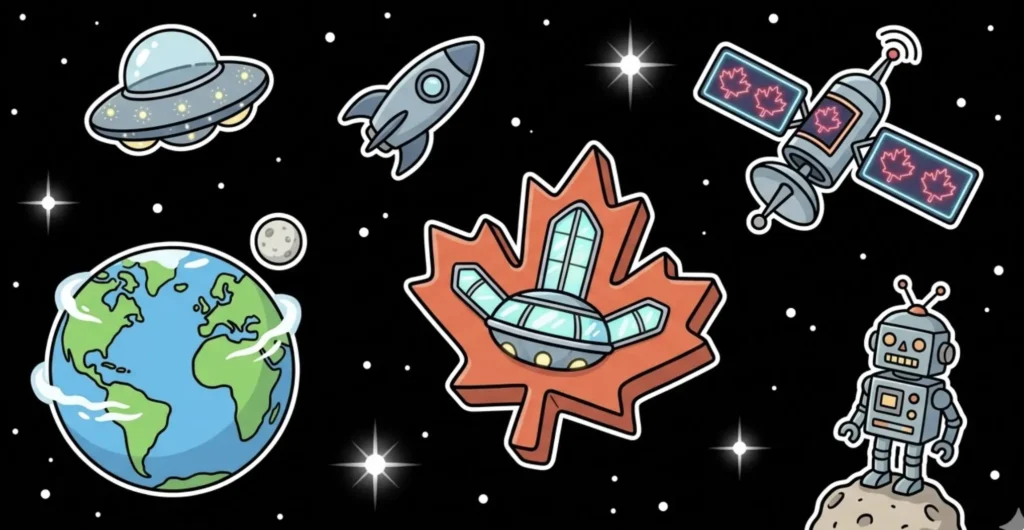 Canadian maple leaf with UFO inside and satellite with maple leaf panels in space, representing pay by phone casinos guide at FreeSlots99