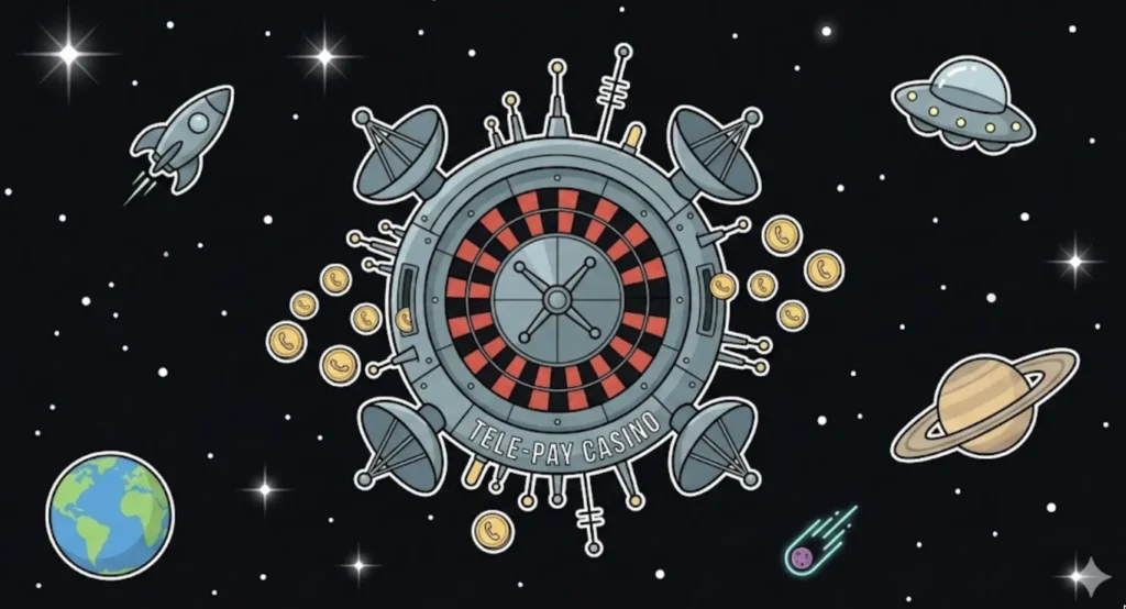 Space roulette wheel labeled 'Tele-Pay Casino' with phone coins and satellites, representing pay by phone casino deposits at FreeSlots99
