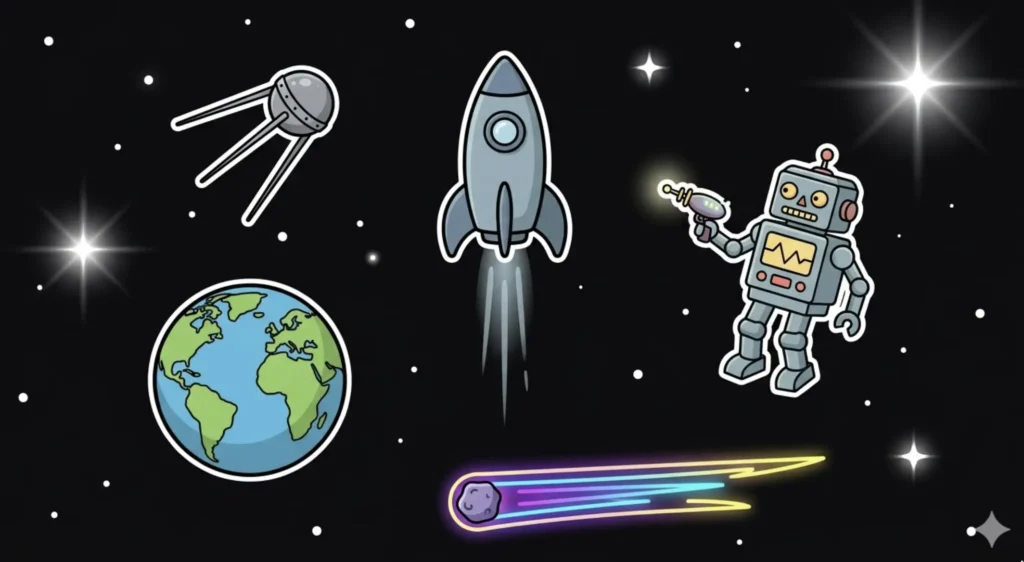 Robot with ray gun and rocket launching from Earth in space, illustrating pay by phone casino deposits at FreeSlots99