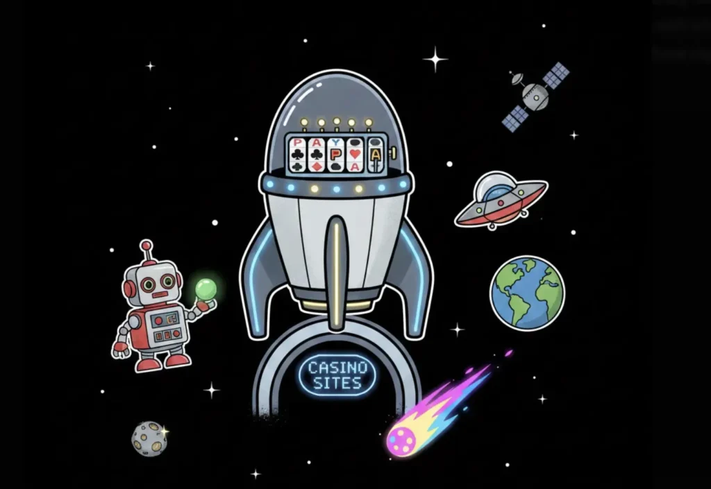 A rocket-slot machine in space labeled Casino Sites, illustrating PayPal casino sites on FreeSlots99