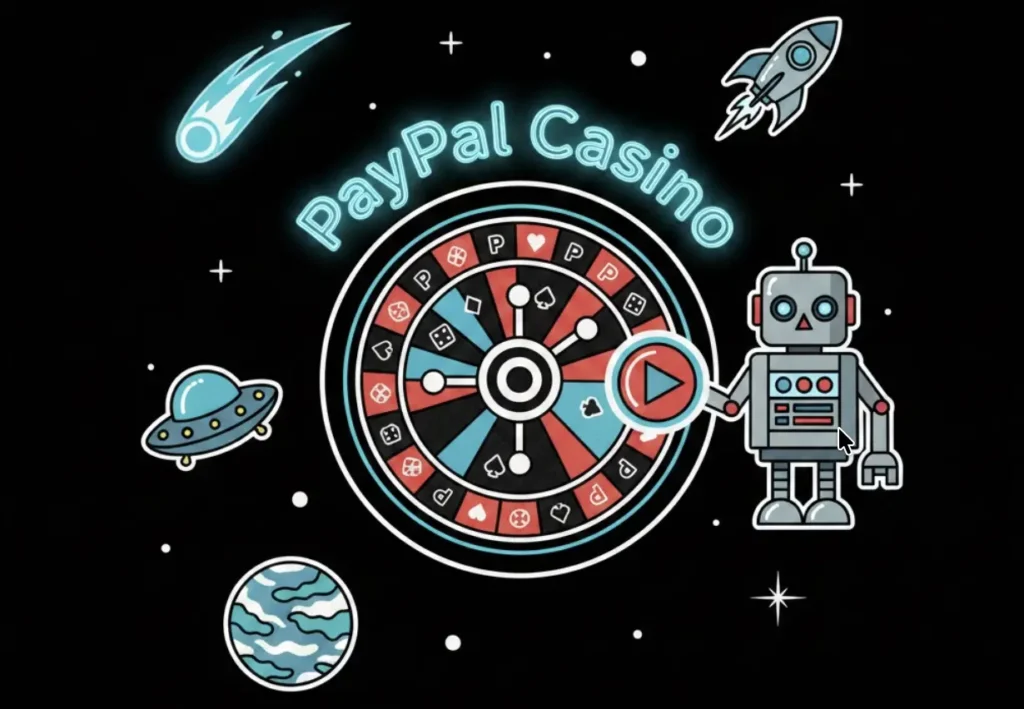 A roulette wheel with PayPal Casino neon sign in space, representing PayPal casinos