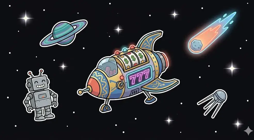 Rocket-shaped slot machine with 777 display, robot, planets, and comet in space, symbolizing online casino theme for www.freeslots99.com