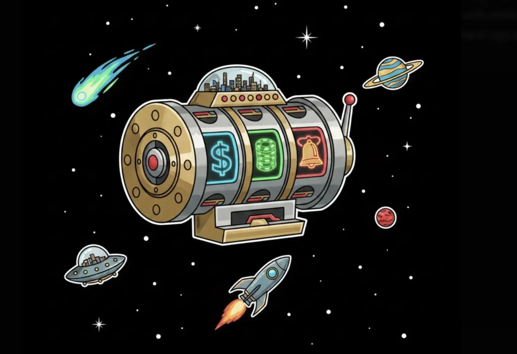 Futuristic slot machine floating in space, representing Real Money Casinos online gambling