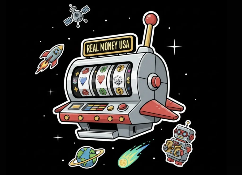 Retro slot machine in space with 'Real Money USA' sign, symbolizing online casino gaming