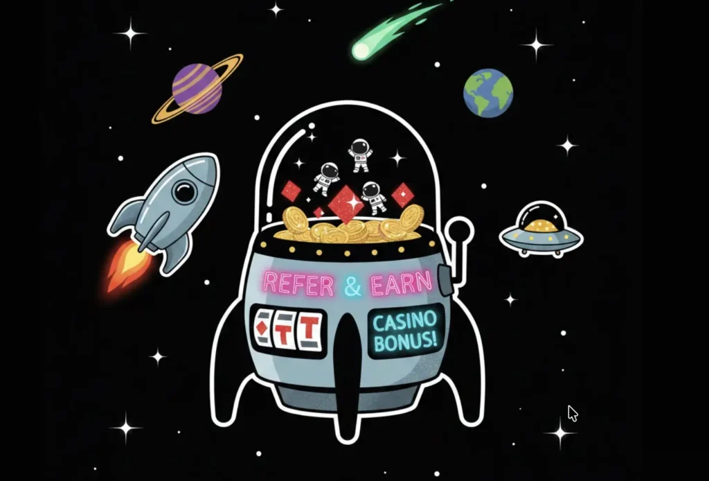 Space capsule reels with Refer & Earn text for friend referral bonuses