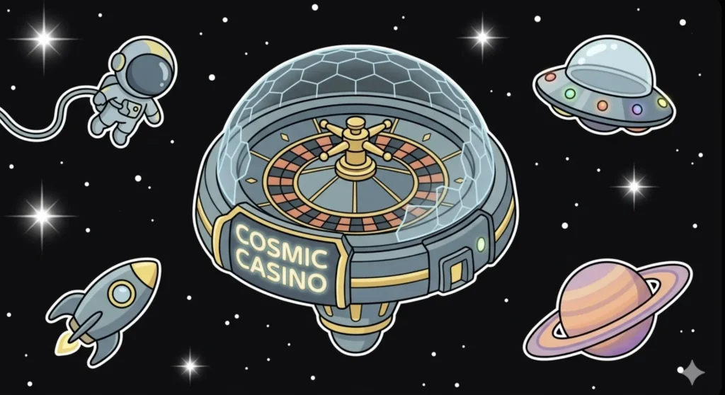 Cosmic Casino roulette station under glass dome with astronaut and UFO in space, illustrating safe online casinos at FreeSlots99