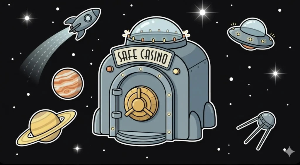 Space vault building labeled 'Safe Casino' with planets and UFO floating around it, representing trusted safe online casinos at FreeSlots99