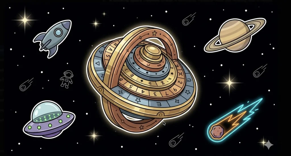 Glowing cosmic cipher wheel with encoded rings floating in space, illustrating secret no deposit bonus codes at FreeSlots99
