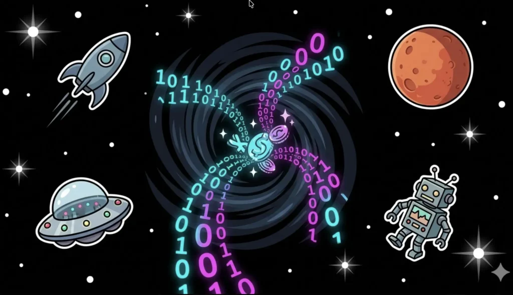 Space vortex with binary code and coins swirling near robot and UFO, representing secret no deposit bonus codes at FreeSlots99