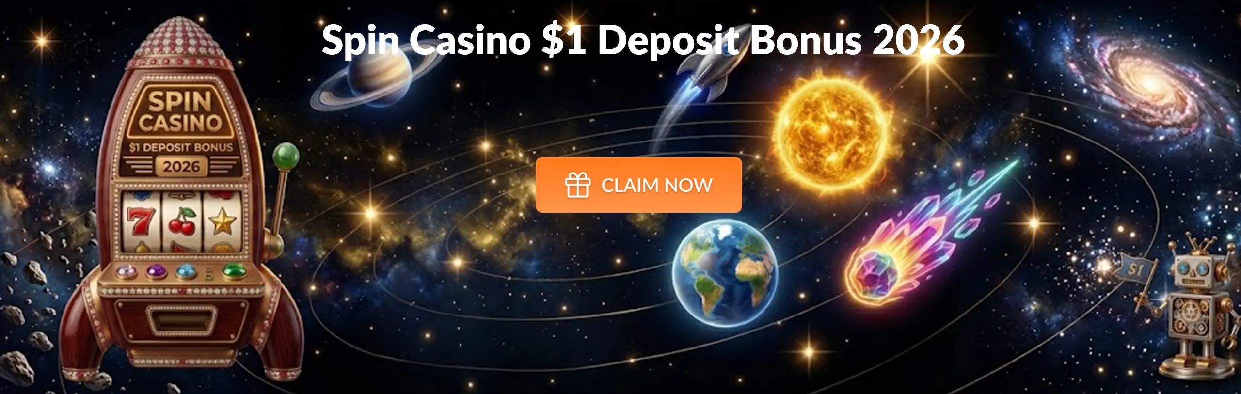Main desktop banner Spin Casino $1 Deposit Bonus 2026