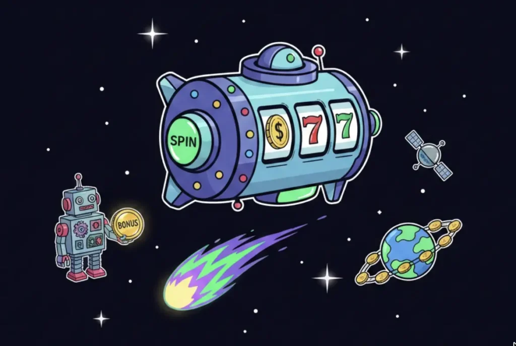 Space-themed slot machine showing bonus symbols for FreeSlots99 sweepstakes casino
