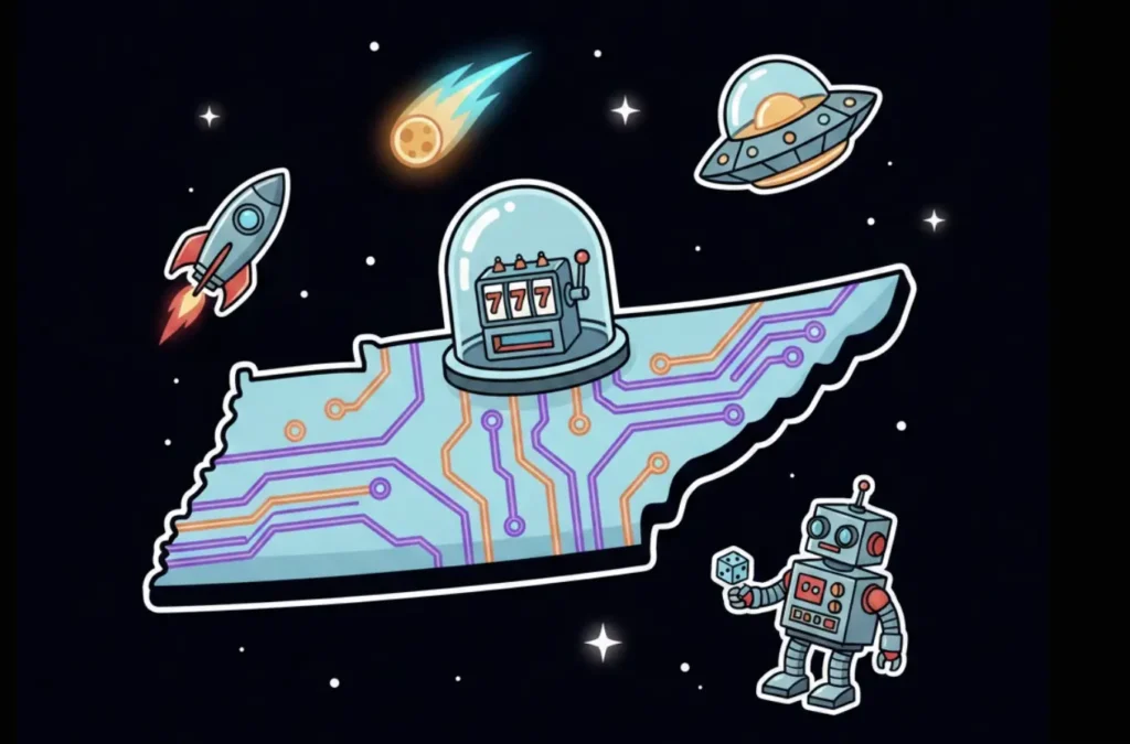 Tennessee state map with slot machine and circuit board design