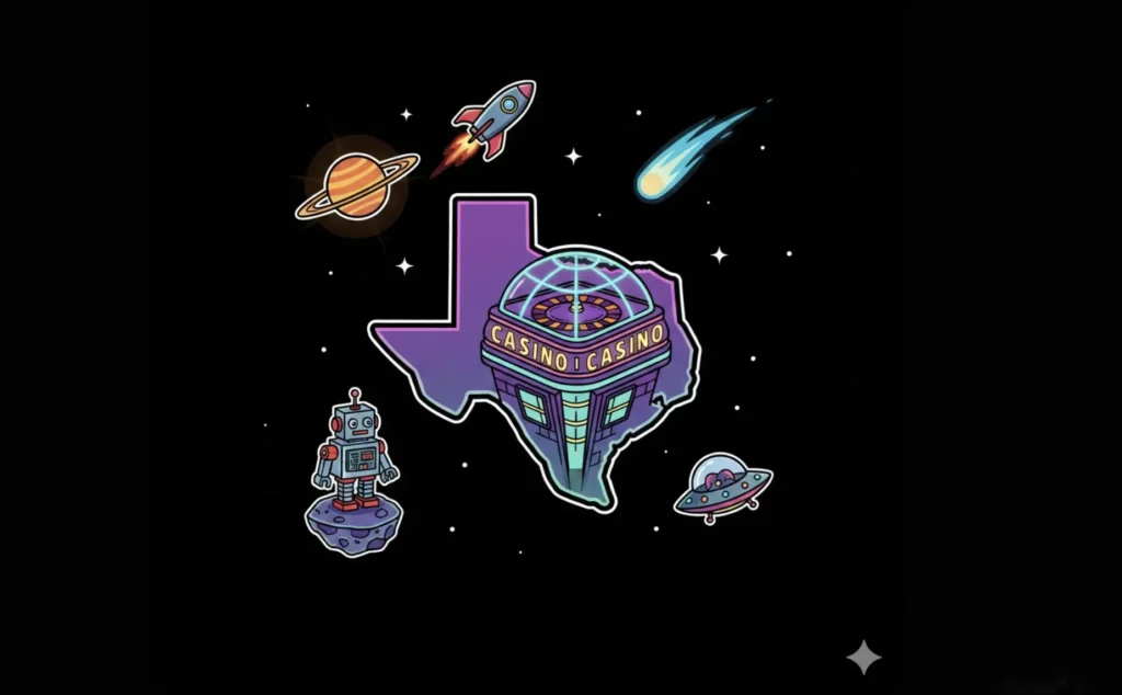 Texas state map with casino building in space theme
