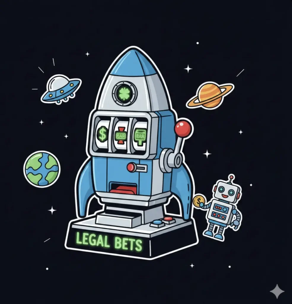 Rocket-shaped slot machine with Legal Bets sign in space theme for Texas betting 