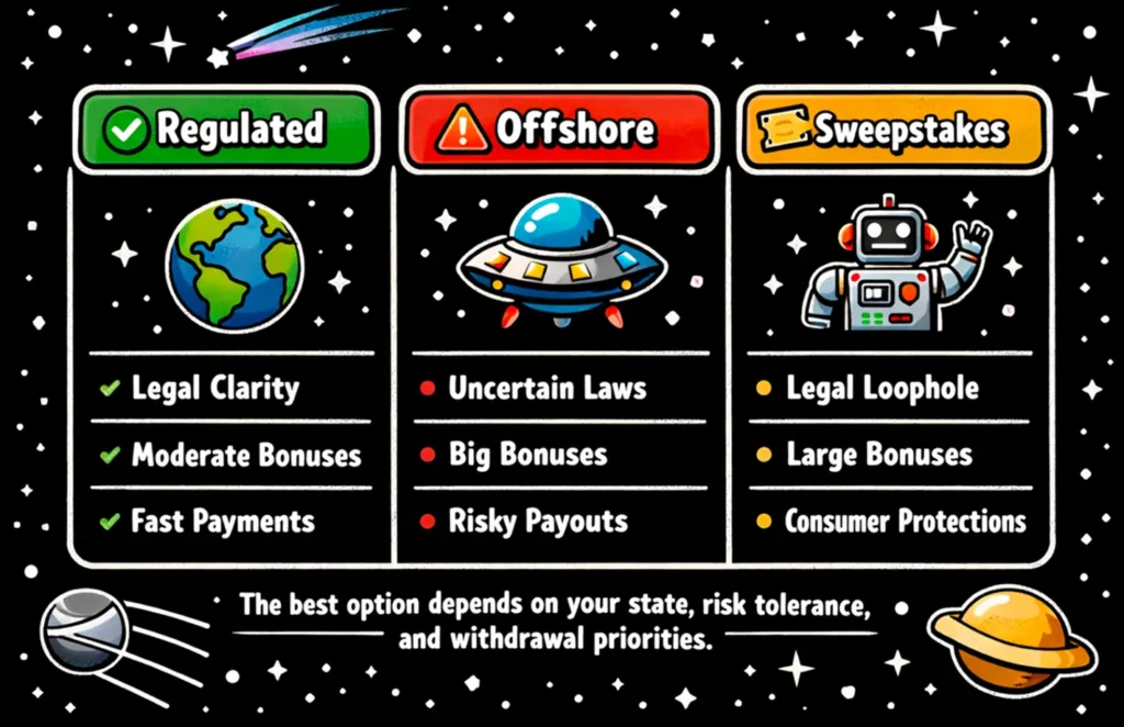 Comparison of regulated online casinos, offshore casinos, and sweepstakes casinos for US players
