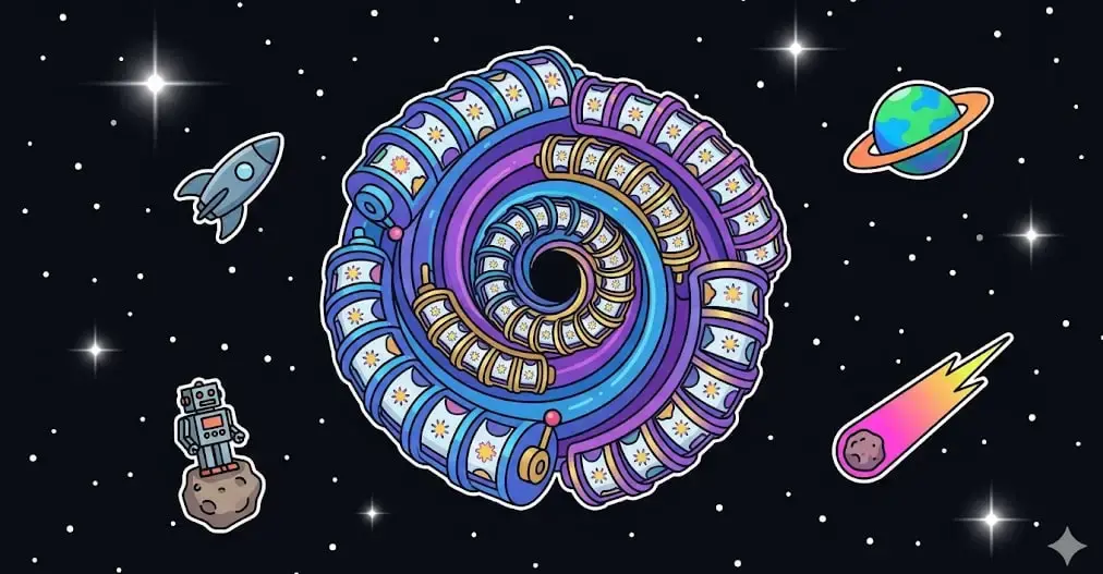 Spiral space slot graphics showing the cosmic game theme for freeslots99.com