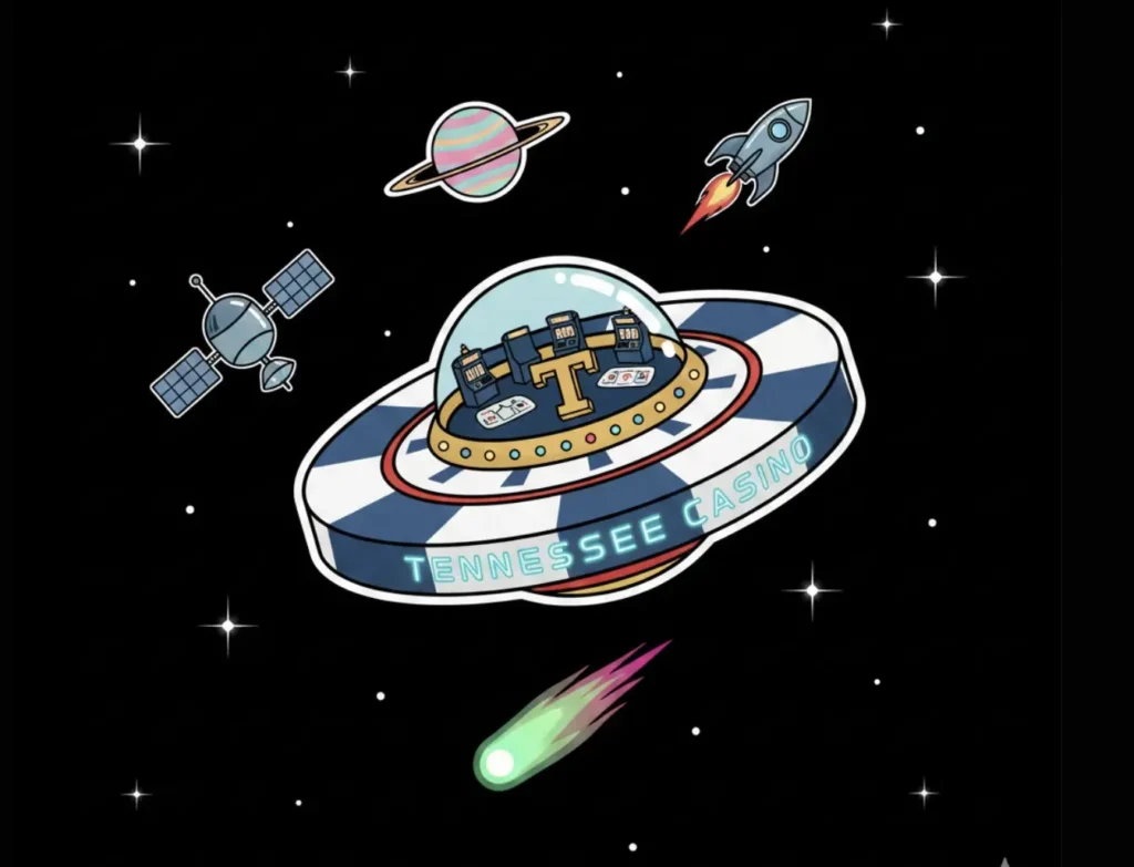 Space-themed illustration with Tennessee Casino UFO and slot machines